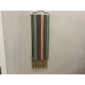 Talbots 100% Silk Striped Scarf Pink Green Navy Multi Color Fringe Trim Long